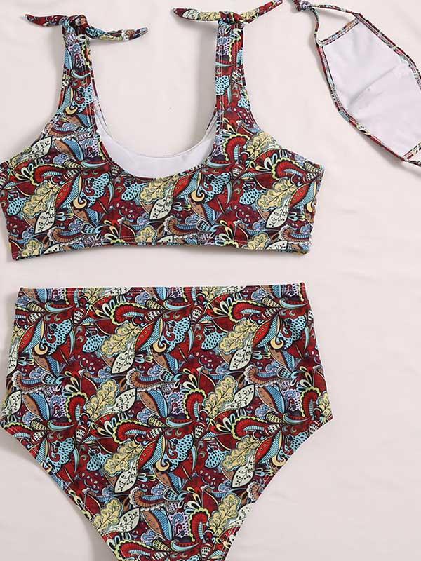 Ethnic Printed Knotted Split Bikini Swimsuit+Mask