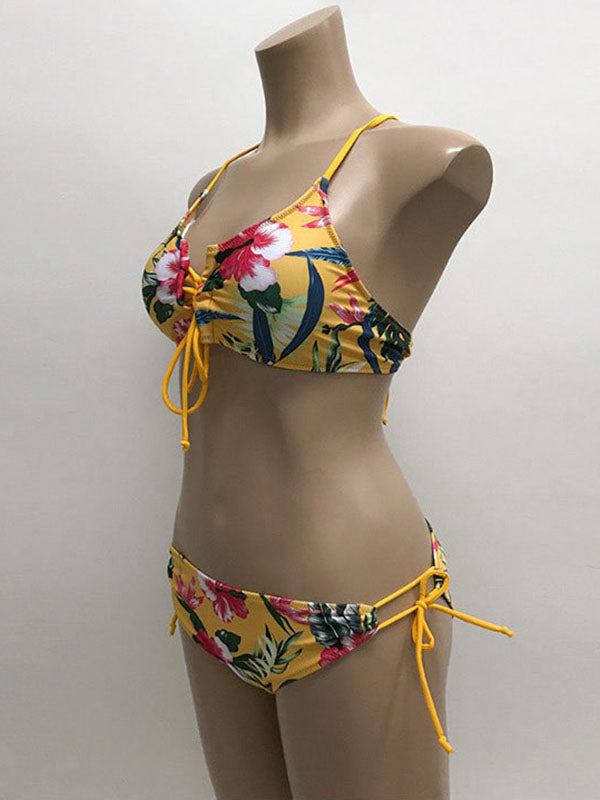 Floral Print Backless Bandage Bustier Tie Side Bikini Swimwear