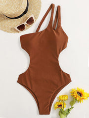 Solid Color One-Shoulder Bandeau Simple One-Piece Swimwear