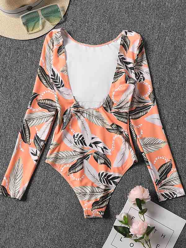 Long Sleeve Floral Print Backless Wetsuit Swimwear