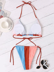 Halterneck Color-Block Triangles Tie Side Bikini Swimwear