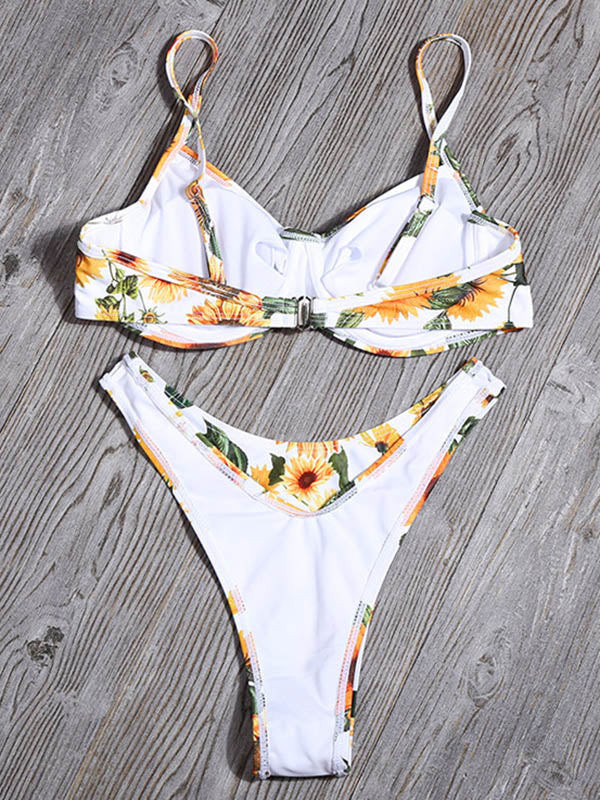 Floral-Print Underwired Spaghetti-Neck Split Bikini Swimsuit