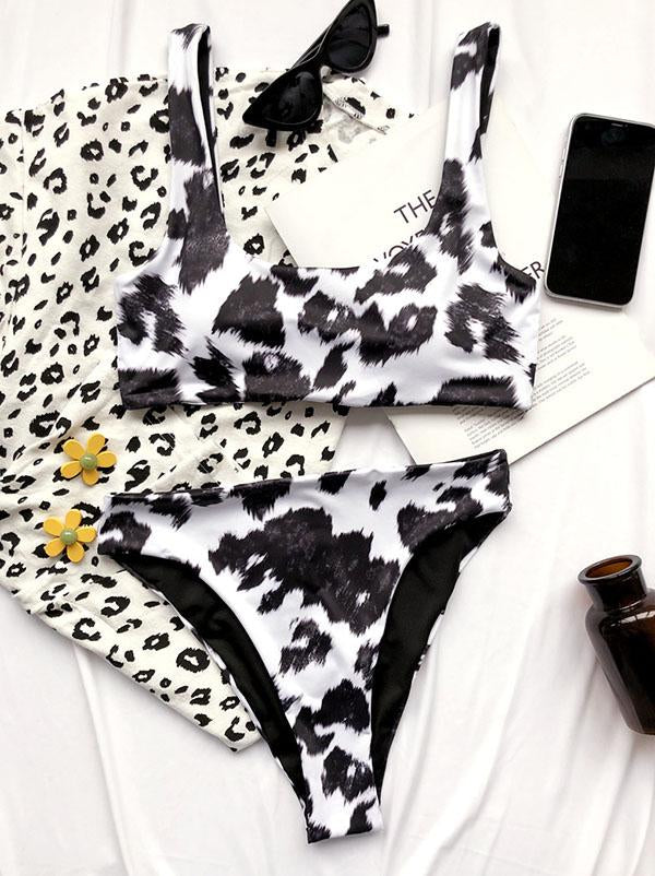 Cow Pattern U-Neck Split Bikini Swimsuit