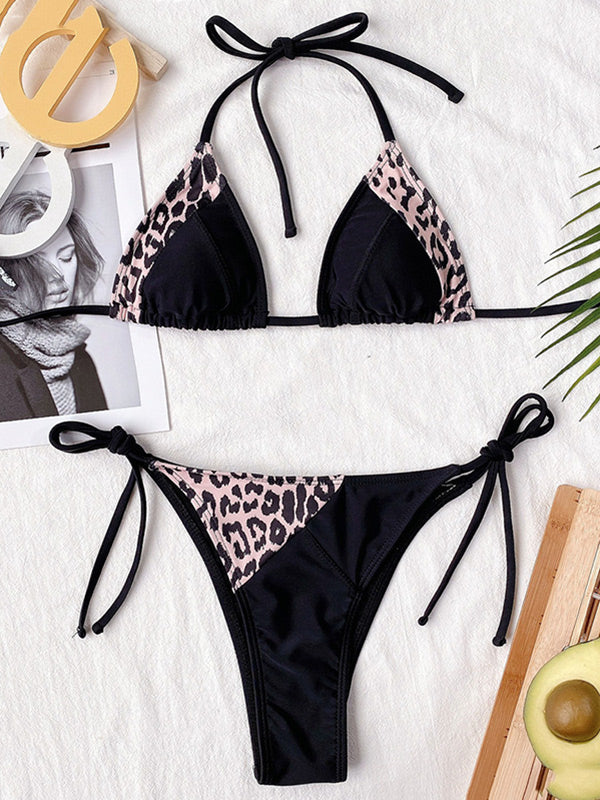 Neckholder-Bikini mit Leopardenmuster, geteiltem Rücken und seitlicher Schnürung 