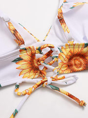 Floral-Print Color-Block Flared Sleeves Bandage Split Bikini Swimsuit