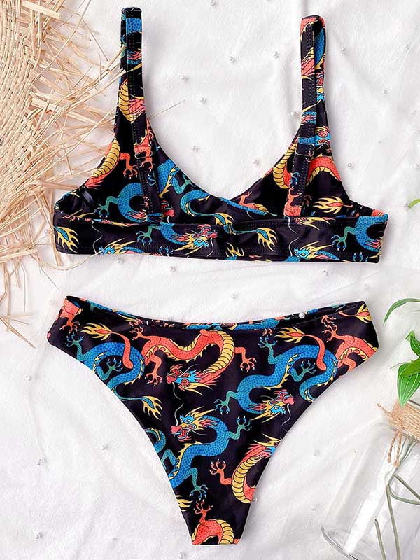 Sexy Chinese Style Printing Split Bikini Swimsuit