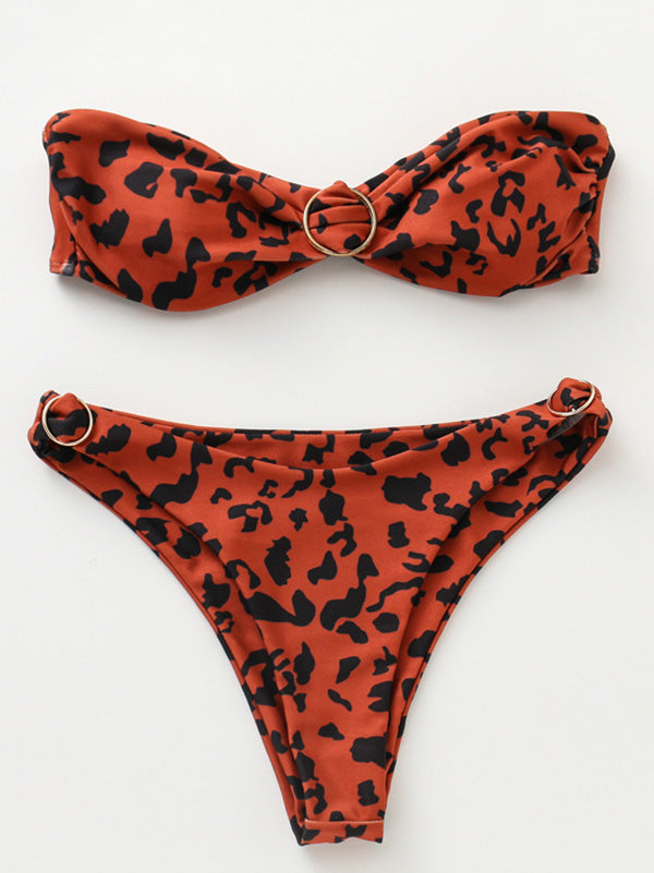 Leopard Print Embellished Bandeau Split Bikini Swimsuit