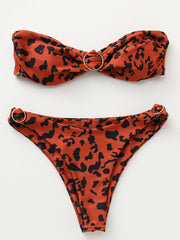 Leopard Print Embellished Bandeau Split Bikini Swimsuit