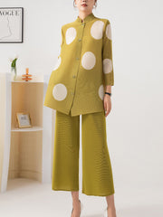 Long Sleeves Loose Pleated Polka Dot Stand Collar Two Pieces Set