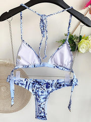 Bikini-Badeanzug mit Neckholder, Blatt-Print und Dreiecken 