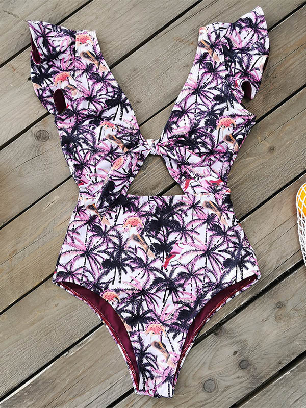 Floral-Printed Falbala Hollow One-Piece Swimsuit