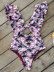 Floral-Printed Falbala Hollow One-Piece Swimsuit