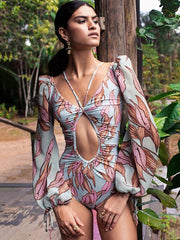 Sexy V-Neck Bandage Printing Long Sleeves One-Piece Swimwear