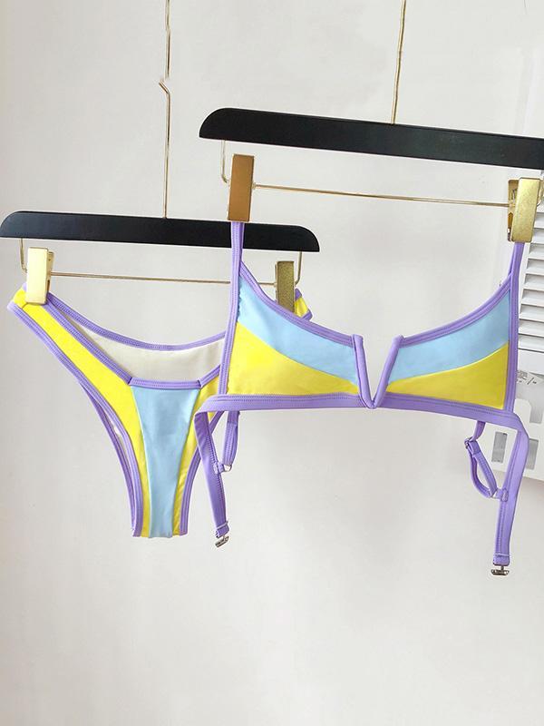 Contrast Color Split-Joint V-Neck Split Bikini Swimsuit