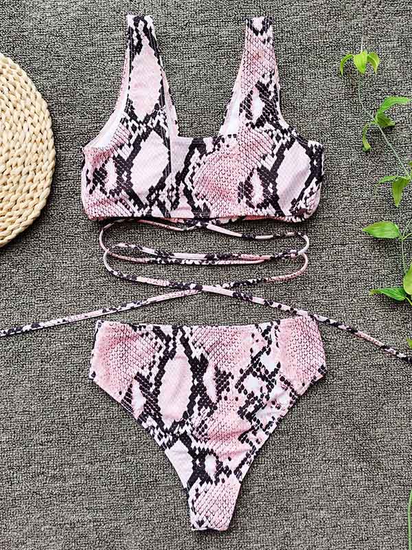 Snake-Print Bandage Split Bikini Swimsuit