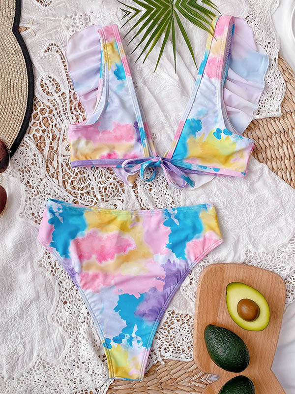 Tie-Dyed Gradient Lotus Leaf Collar Split Bikini Swimsuit