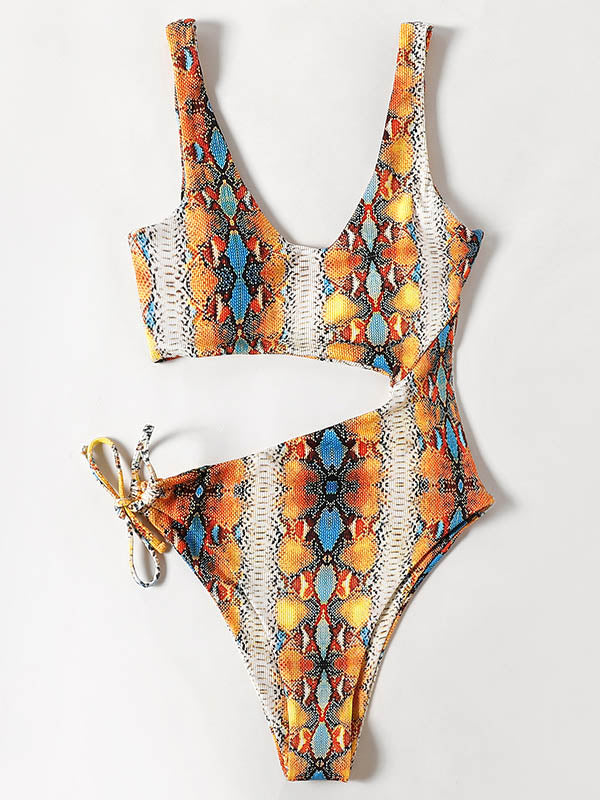 Sleeveless Printing Hollow Bandage Monokini Swimwear