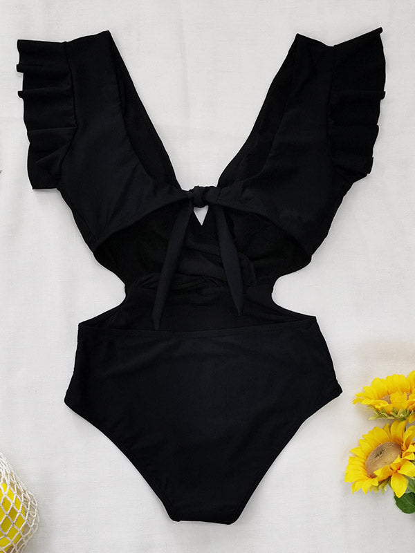 Solid Color Ruffled V-Neck One-Piece Swimsuit