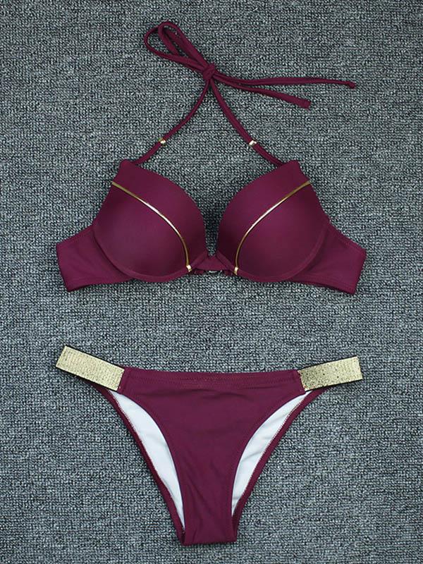 Solid Color Split-Joint Underwired  Split Bikini Swimsuit