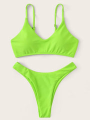 Solid Color V-Neck Spaghetti-Neck Split Bikini Swimsuit