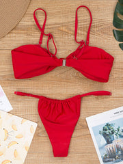 Solid Color Knotted Bandeau Spaghetti-Neck Split Bikini Swimsuit