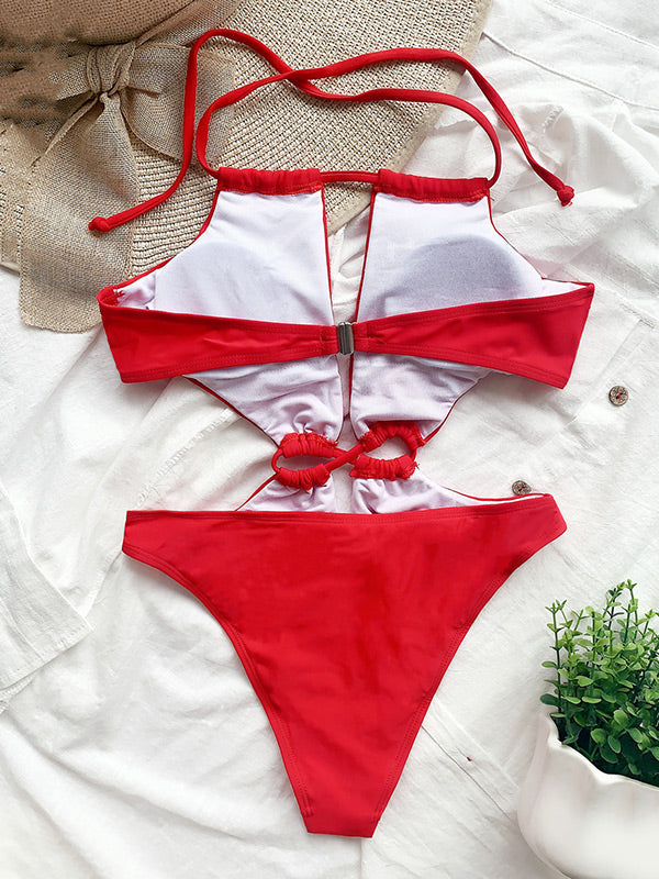 Solid Color Halterneck Hollow Monokini Swimwear