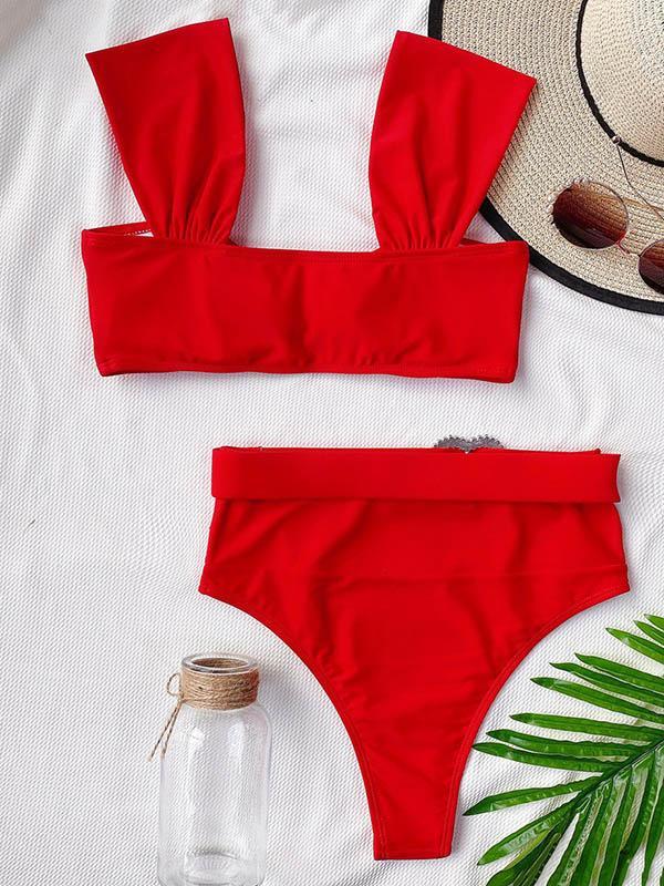 Solid Color Gorgeous Embellished Belted Short Sleeve Split Bikini Swimsuit