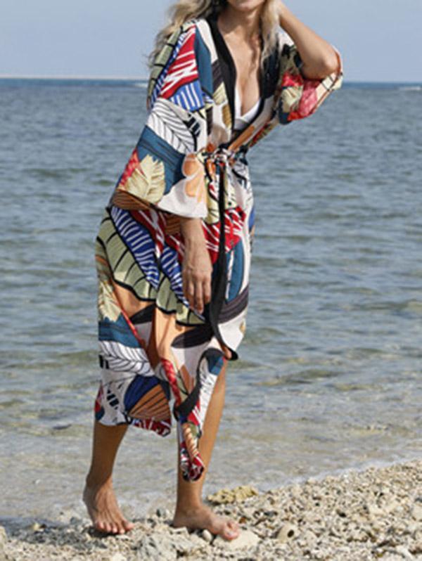 Floral-Print Belted Long Sleeve Tunicshang Cover-Ups