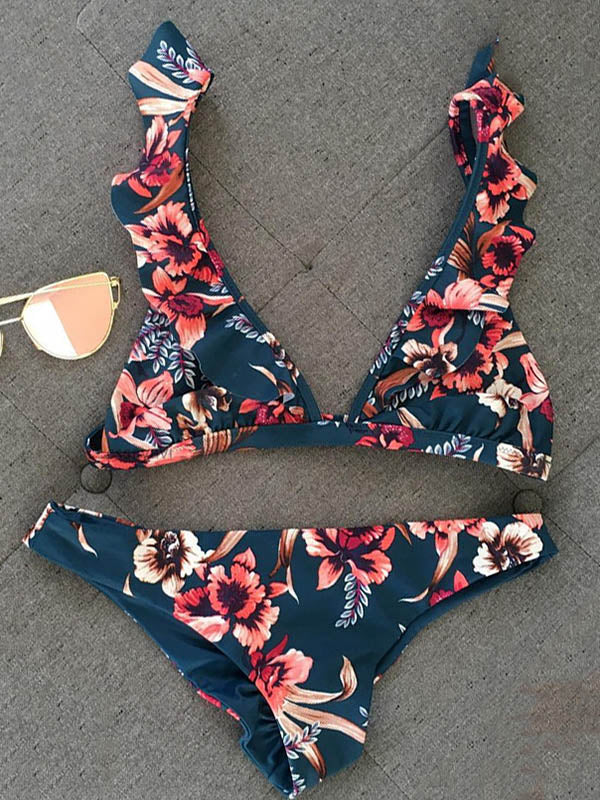 Falbala-Bikini-Badeanzug mit Schlitz und Blumenmuster 