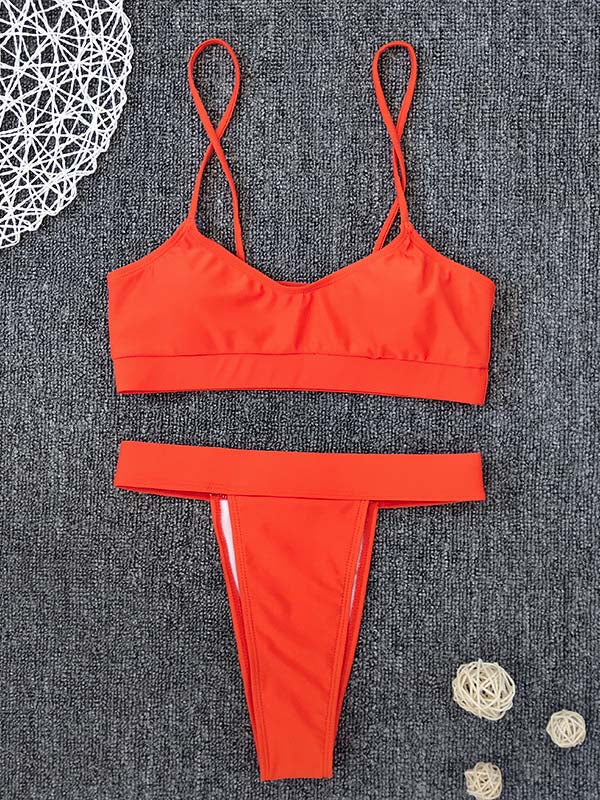 Solid Color Spaghetti-Neck Split Bikini Swimsuit