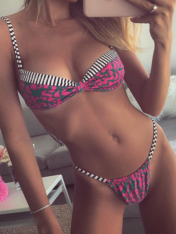 Sexy Leopard Print Bandage Split Bikini Swimsuit