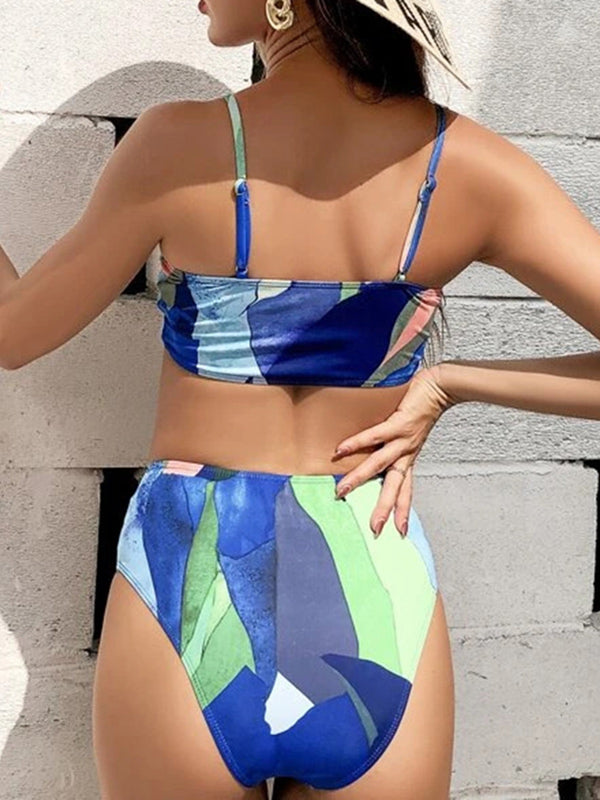 Contrast Color Bandeau High-Waisted Beach Skirt Three-Pieces Bikini Swimwear