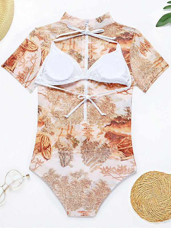 Dreiteilige Bikini-Bademode mit kurzärmeligem Blumennetz 