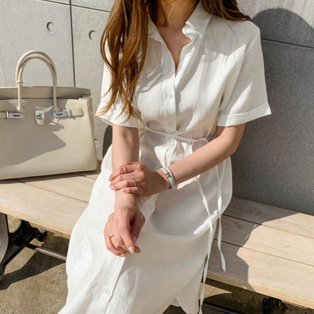 Loose Single-breasted Lace-up Short-sleeved Shirt Dress