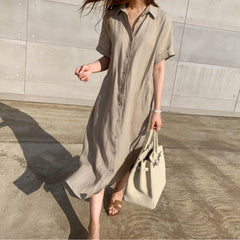 Loose Single-breasted Lace-up Short-sleeved Shirt Dress