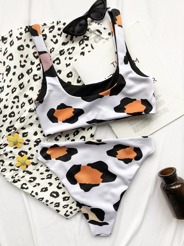 Cow Pattern U-Neck Split Bikini Swimsuit