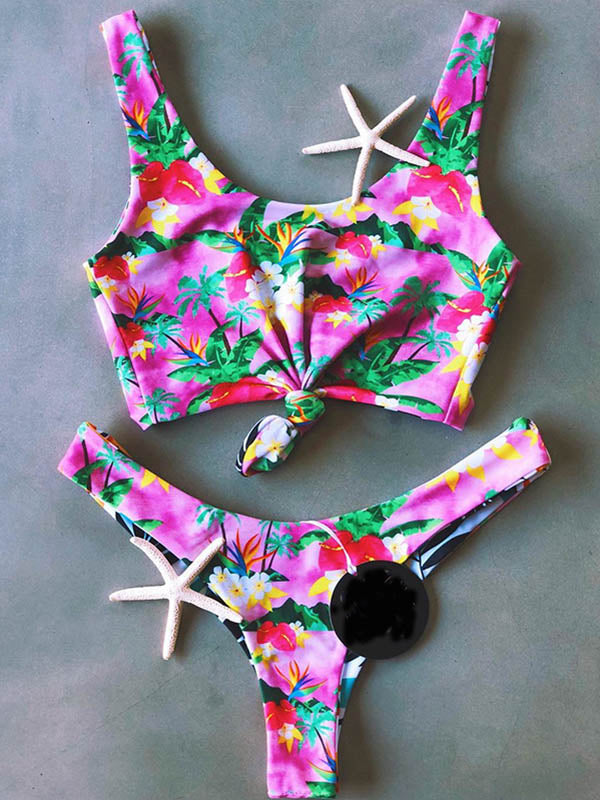 Floral-Print Round-Neck Split Bikini Swimsuit