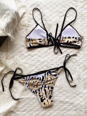 Vintage Print Hollow Triangles Split Bikini Swimsuit