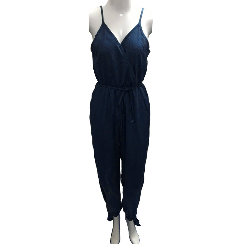 Damen Sommer Sexy Rückenfrei Print Gebunden Spaghettiträger Baumwolle Einteiliger Jumpsuit mit Schlitz 