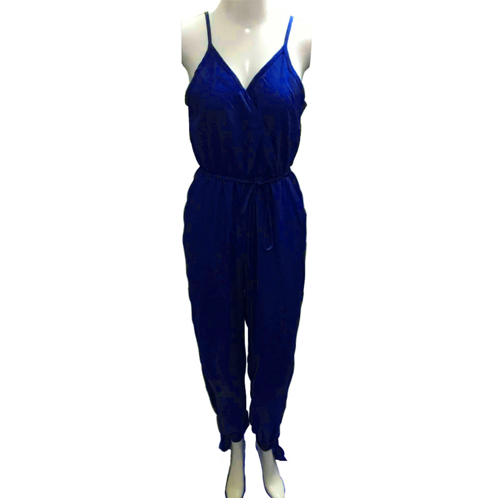 Damen Sommer Sexy Rückenfrei Print Gebunden Spaghettiträger Baumwolle Einteiliger Jumpsuit mit Schlitz 