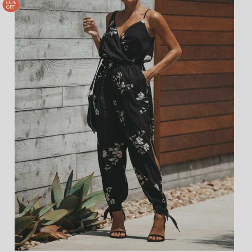 Damen Sommer Sexy Rückenfrei Print Gebunden Spaghettiträger Baumwolle Einteiliger Jumpsuit mit Schlitz 