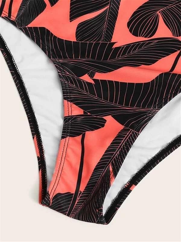 Vintage Print Backless Bandage Split Bikini Swimsuit