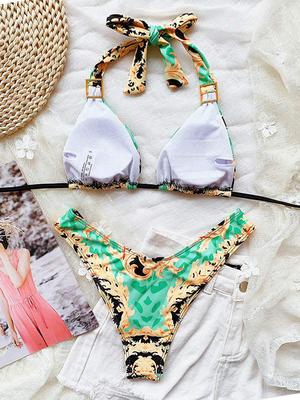 Ethnic Printed Knotted  Triangles Split Bikini Swimsuit