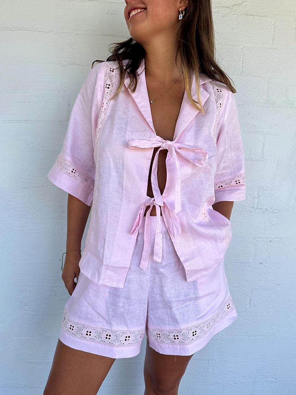 Summer Strappy Hollow Short-Sleeved Shirt And Shorts Two-Piece Set