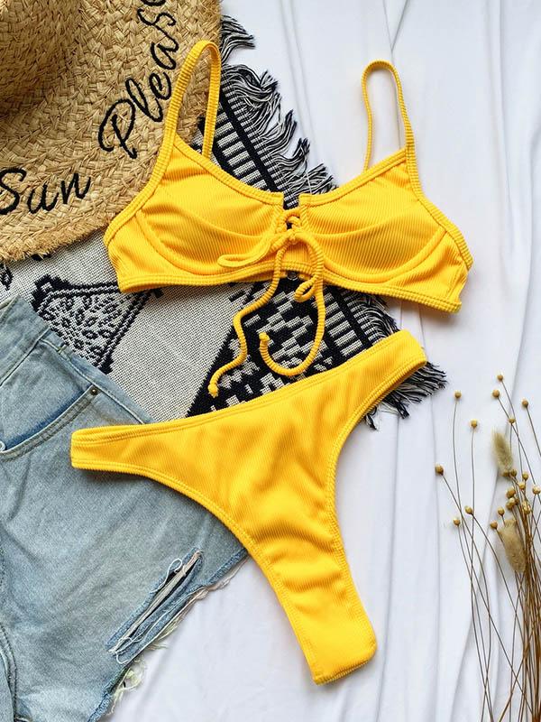 Solid Color Underwired Bandage Split Bikini Swimsuit