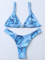 Snake-Print Triangles Split Bikini Swimsuit