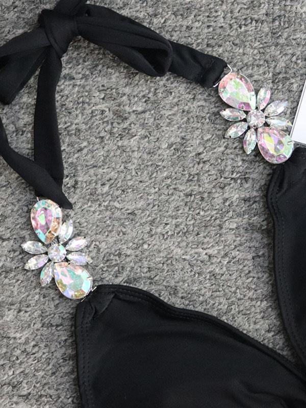 Gorgeous Embellished Knotted Triangles Split Bikini Swimsuit