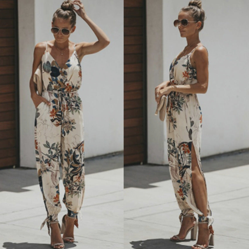 Damen Sommer Sexy Rückenfrei Print Gebunden Spaghettiträger Baumwolle Einteiliger Jumpsuit mit Schlitz 