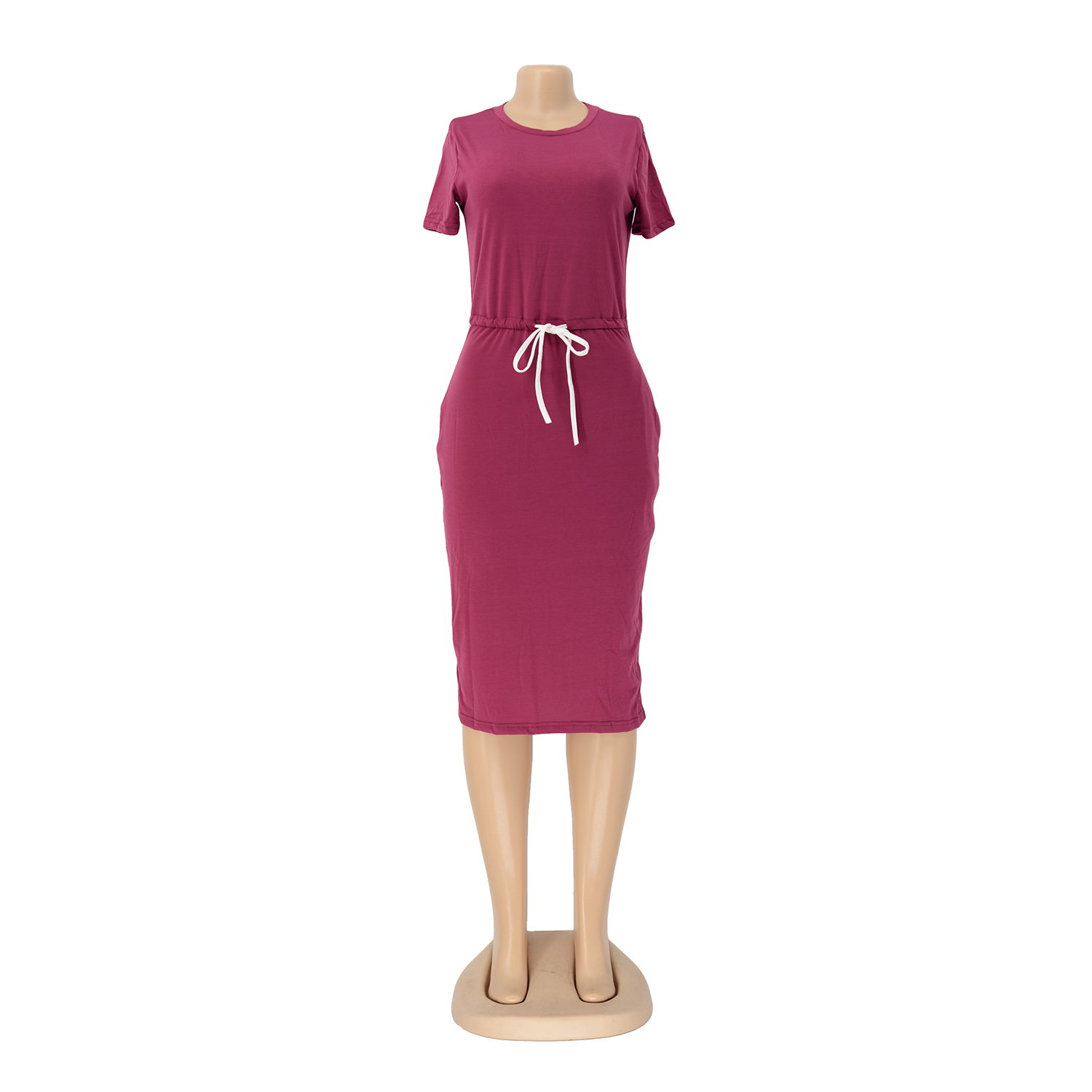 Basic T-Shirt-Midikleid mit elastischer Taille und kurzen Ärmeln in Volltonfarbe – Bequemes und stylisches Kleid für Damen 