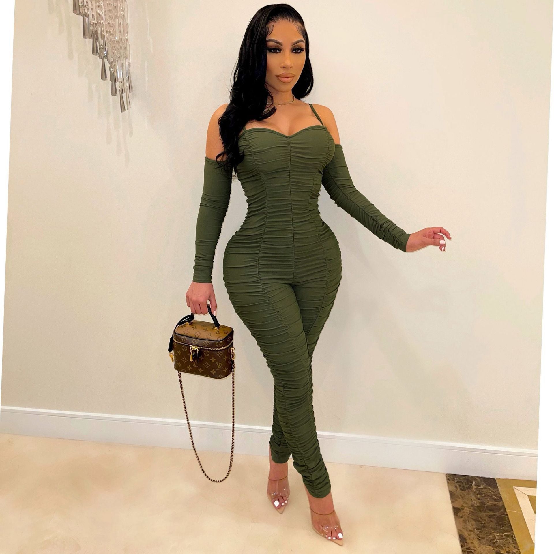 Women Clothing Jumpsuit Sexy Tube Top Long Sleeve Spaghetti-Strap One-Piece Shrink Wrinkle Winter